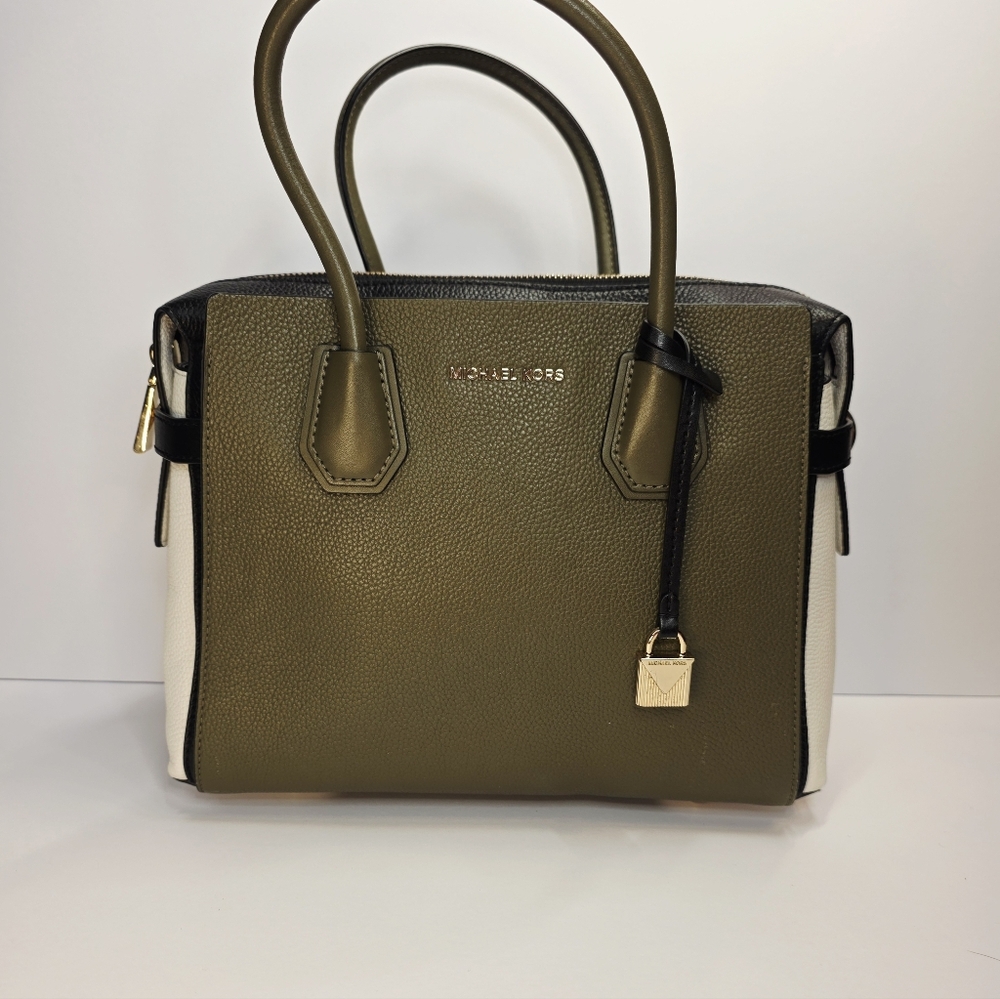 MICHAEL Michael Kors Mercer Medium Tri-Color Pebbled Leather Belted Satchel